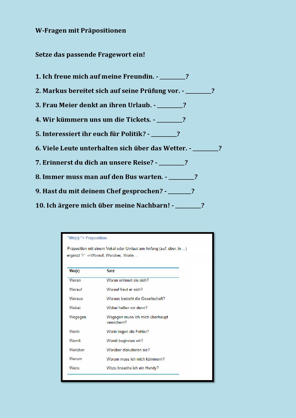 W-Fragen mit Präpositionen - Deutsch - Viel Spass